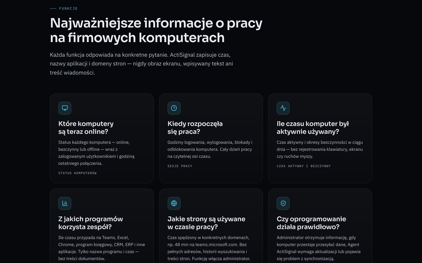 ActiSignal — Features — each answers one concrete question: who is online, when work started, what the team uses
