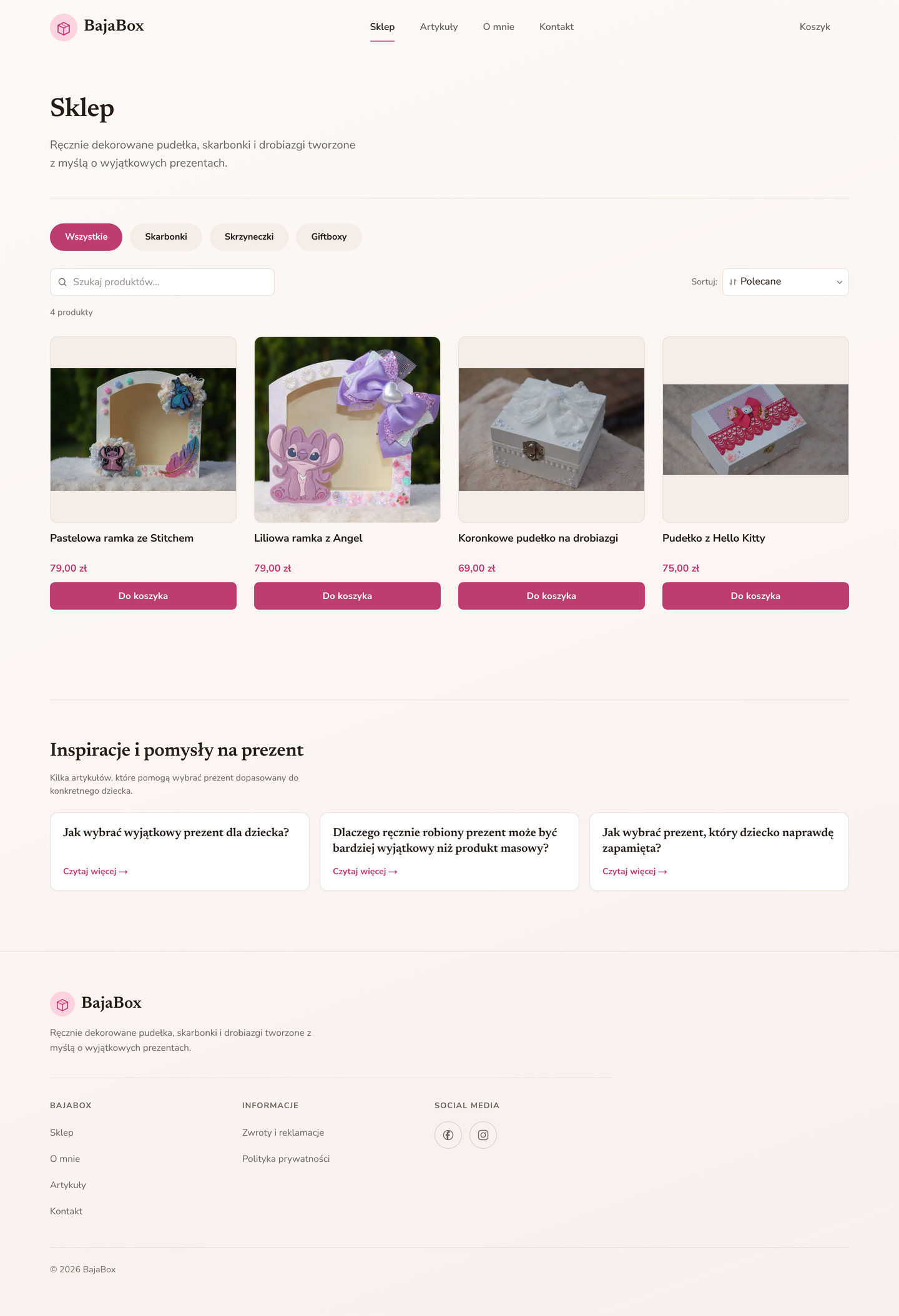 BajaBox — The store — four products, filterable by category (Piggy banks / Boxes / Gift boxes)
