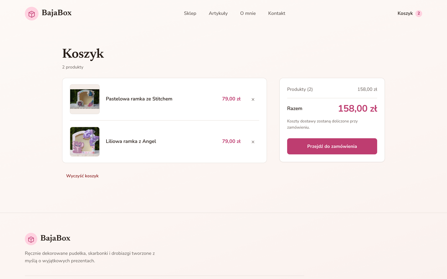 BajaBox — Cart — each product at most once, a total with no notion of quantity