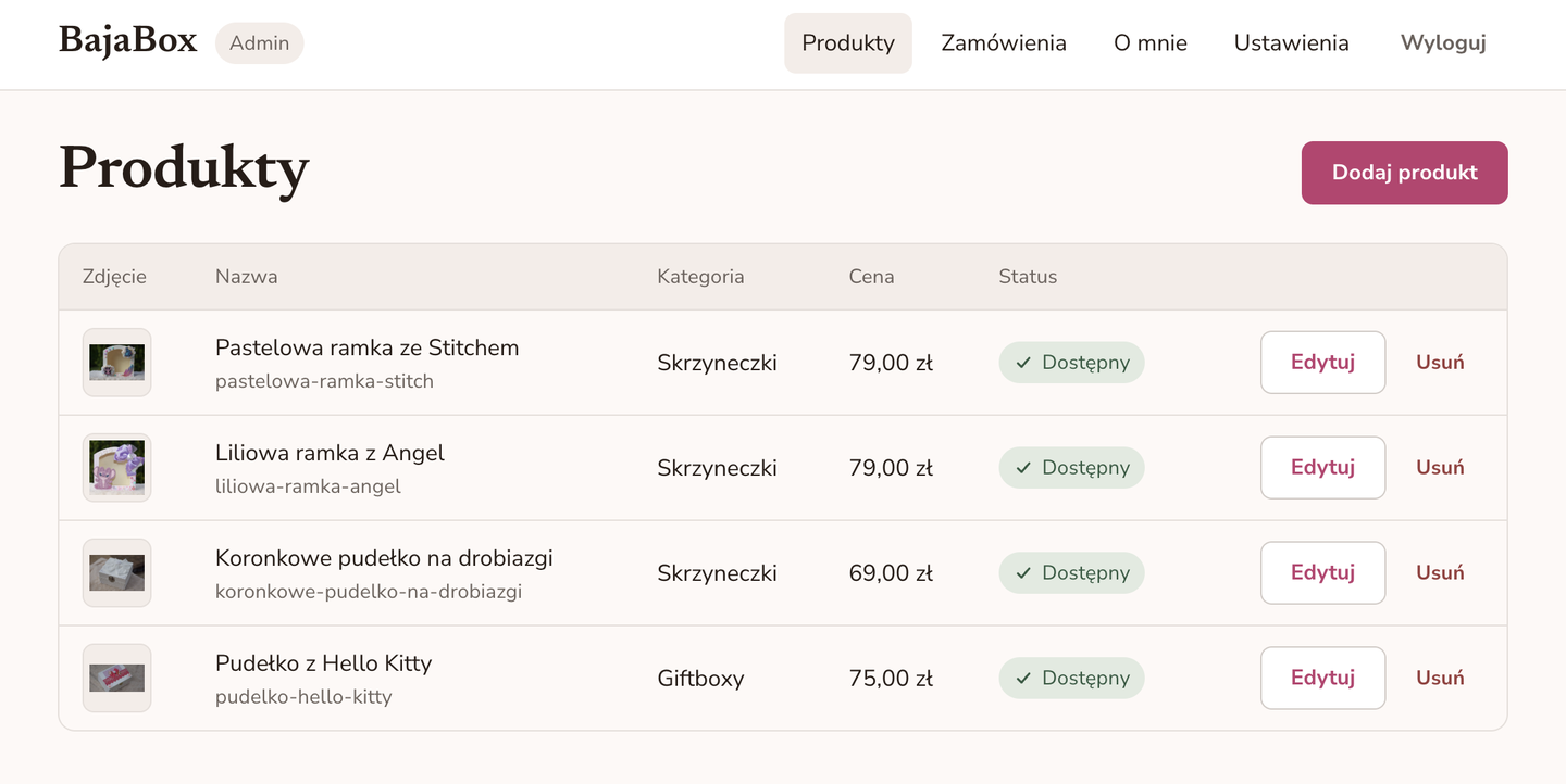 BajaBox — Admin panel — the product list, with status and category