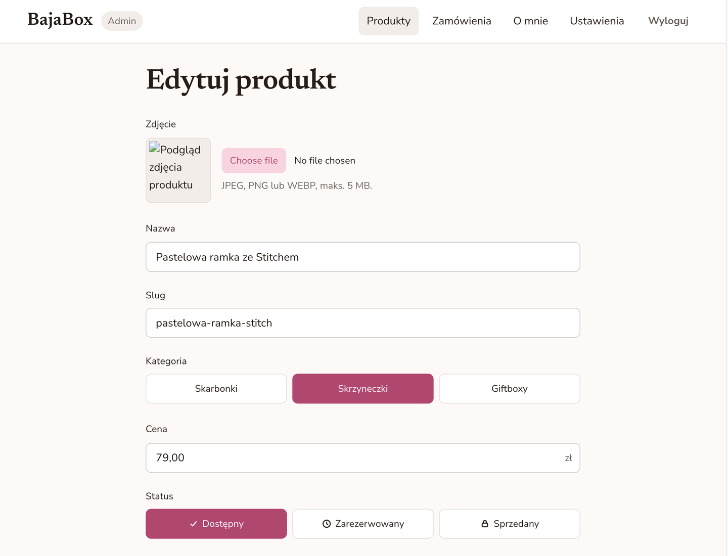BajaBox — Admin panel — editing a product: photo, category, price, status
