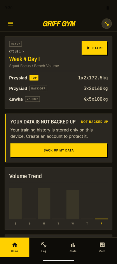 Griff Gym — Ekran główny — następny trening, status kopii i trend objętości