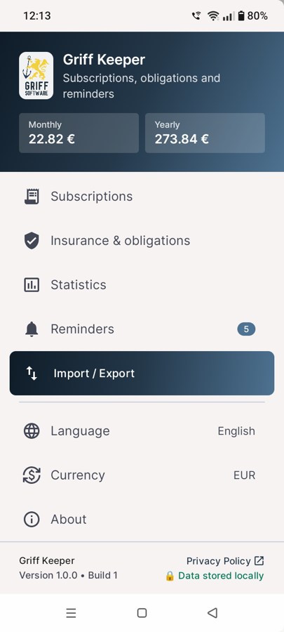 Griff Keeper — Navigationsleiste — monatliche und jährliche Summen, Sprache und Währung auf einen Blick