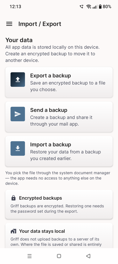 Griff Keeper — Import / Export — ein verschlüsseltes Backup, als einzelne Datei zwischen Geräten verschoben