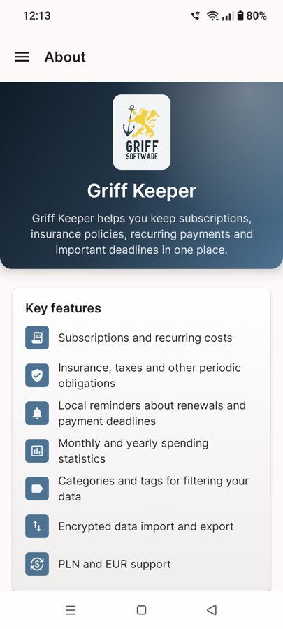 Griff Keeper — Info-Bildschirm — was Griff Keeper tut und wo Ihre Daten tatsächlich liegen