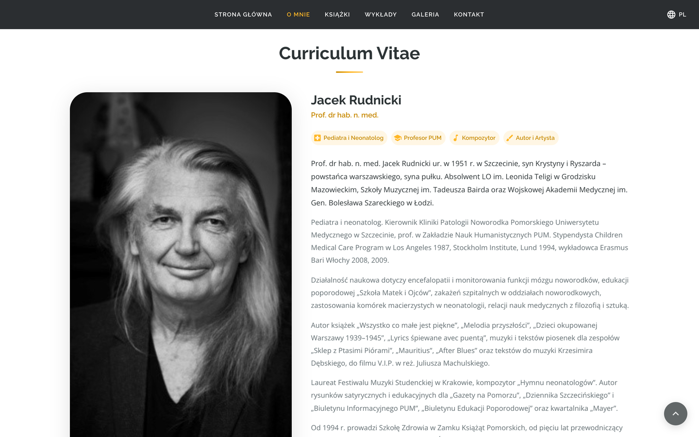 Jacek Rudnicki — CV & Creative Work — Curriculum Vitae — a photo, professional-role chips and a multi-part biography