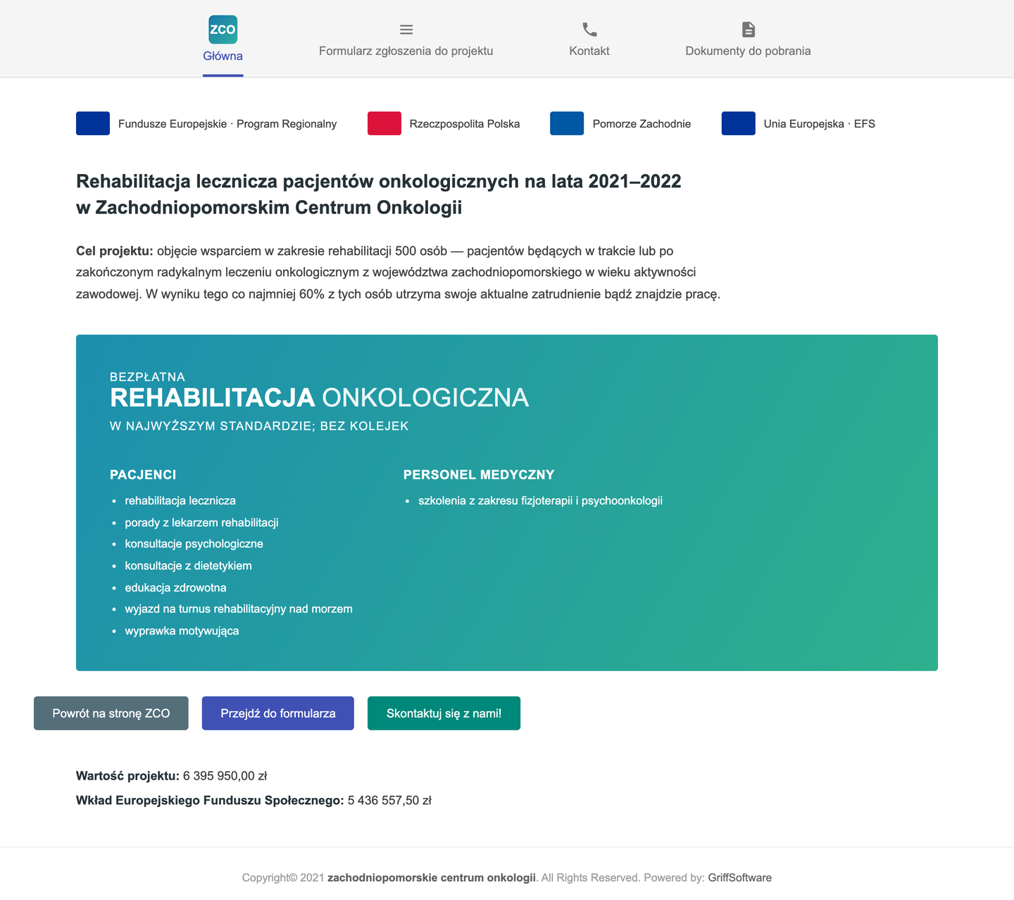 Oncology Rehabilitation — Home page — the project's goal, what patients and medical staff receive, and the grant amount
