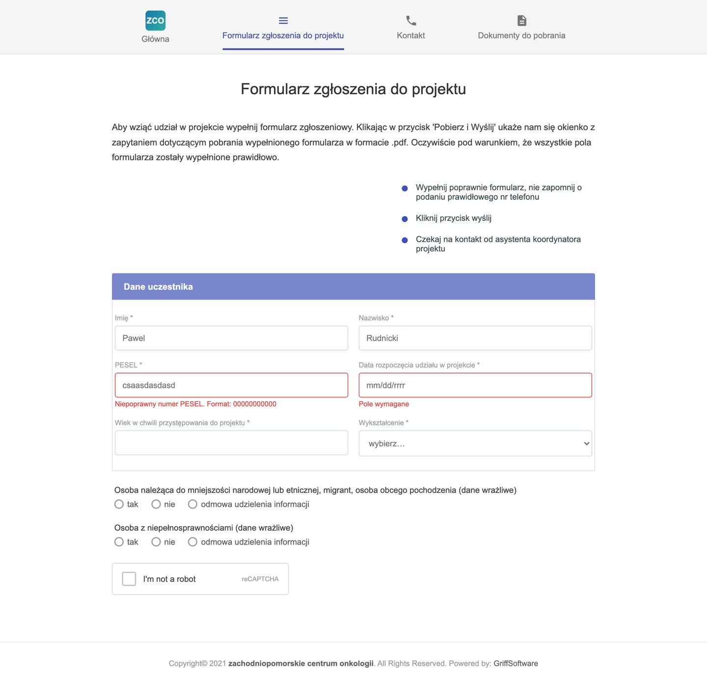 Oncology Rehabilitation — Application form — participant details with field validation (national ID, date, age) and the EU monitoring indicators