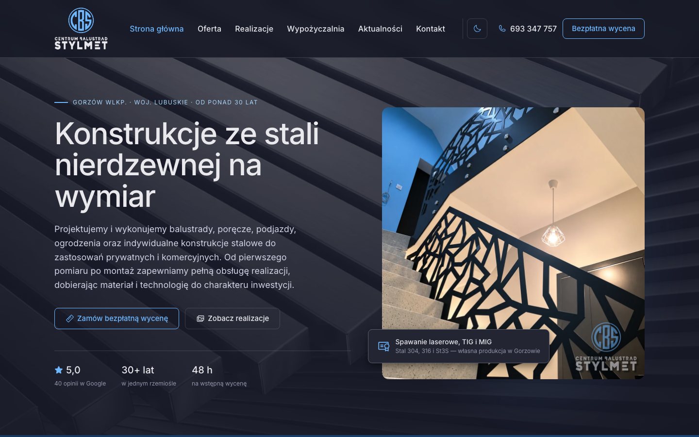 STYLMET — Geländerzentrum — Startseite — ein Hero mit echtem Projekt, Schweißtechniken und den Zahlen, die der Kunde zuerst zeigen will