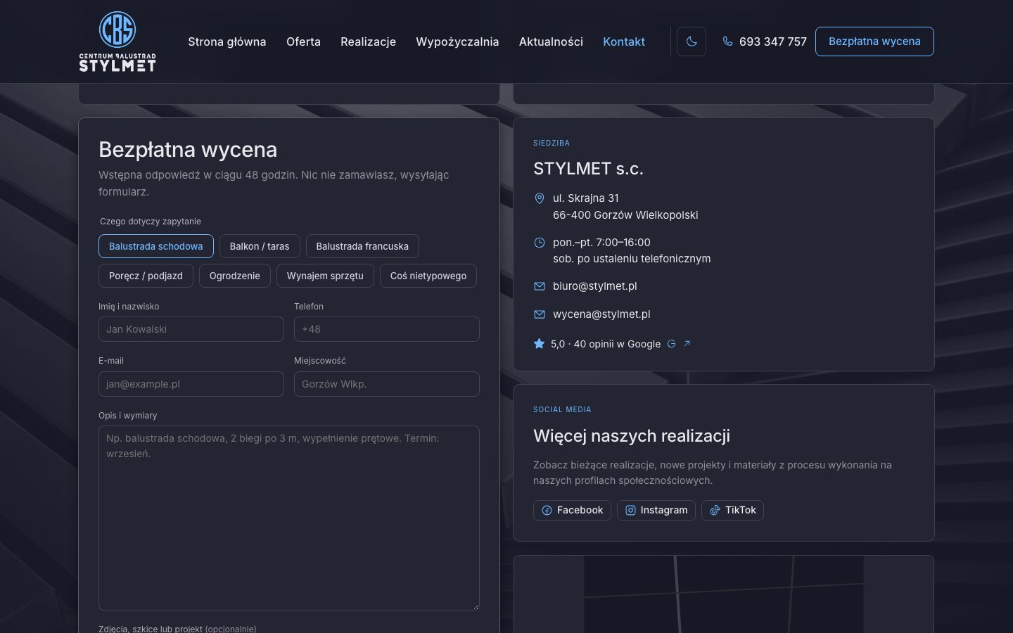 STYLMET — Geländerzentrum — Kontakt — ein Formular für ein kostenloses Angebot mit Anhängen und die Daten beider Inhaber