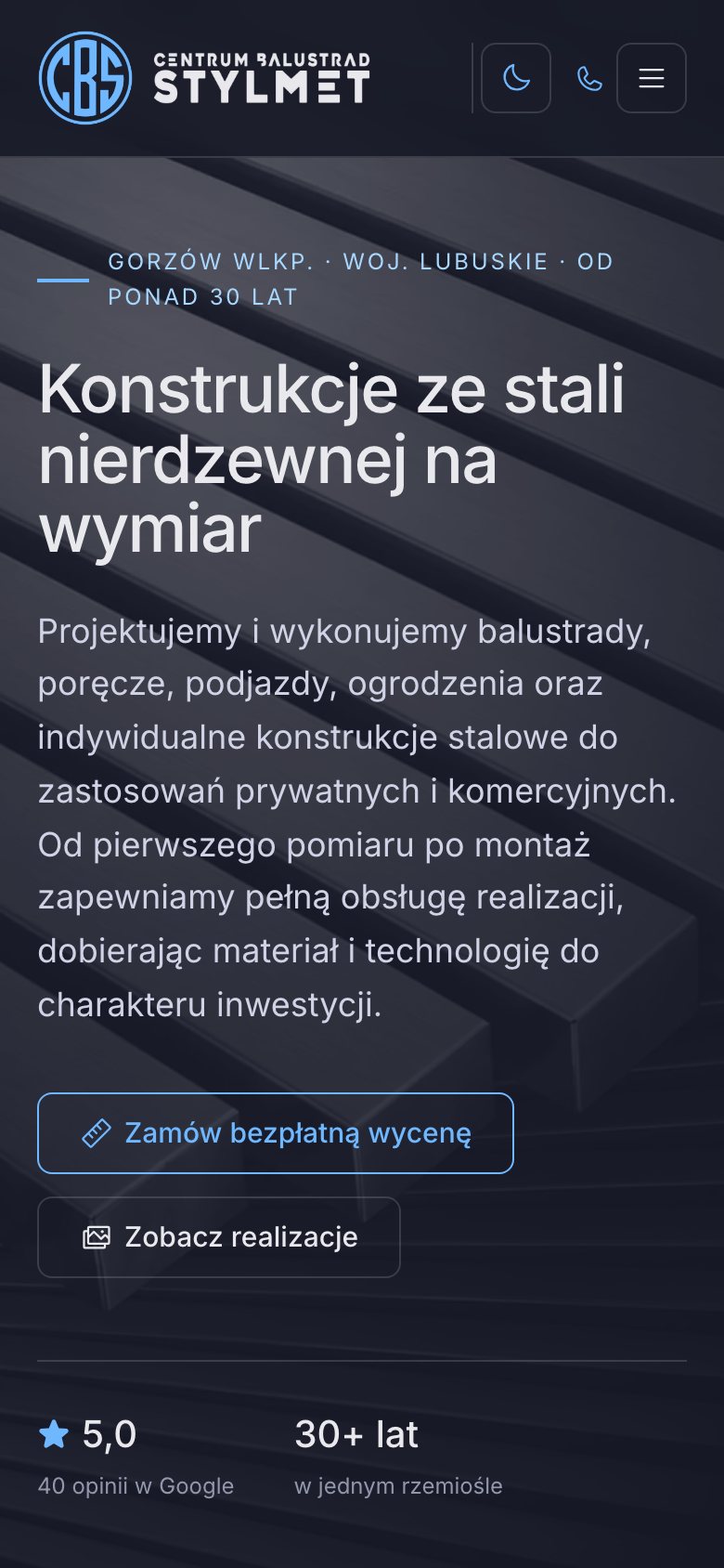 STYLMET — Geländerzentrum — Die Startseite auf dem Smartphone